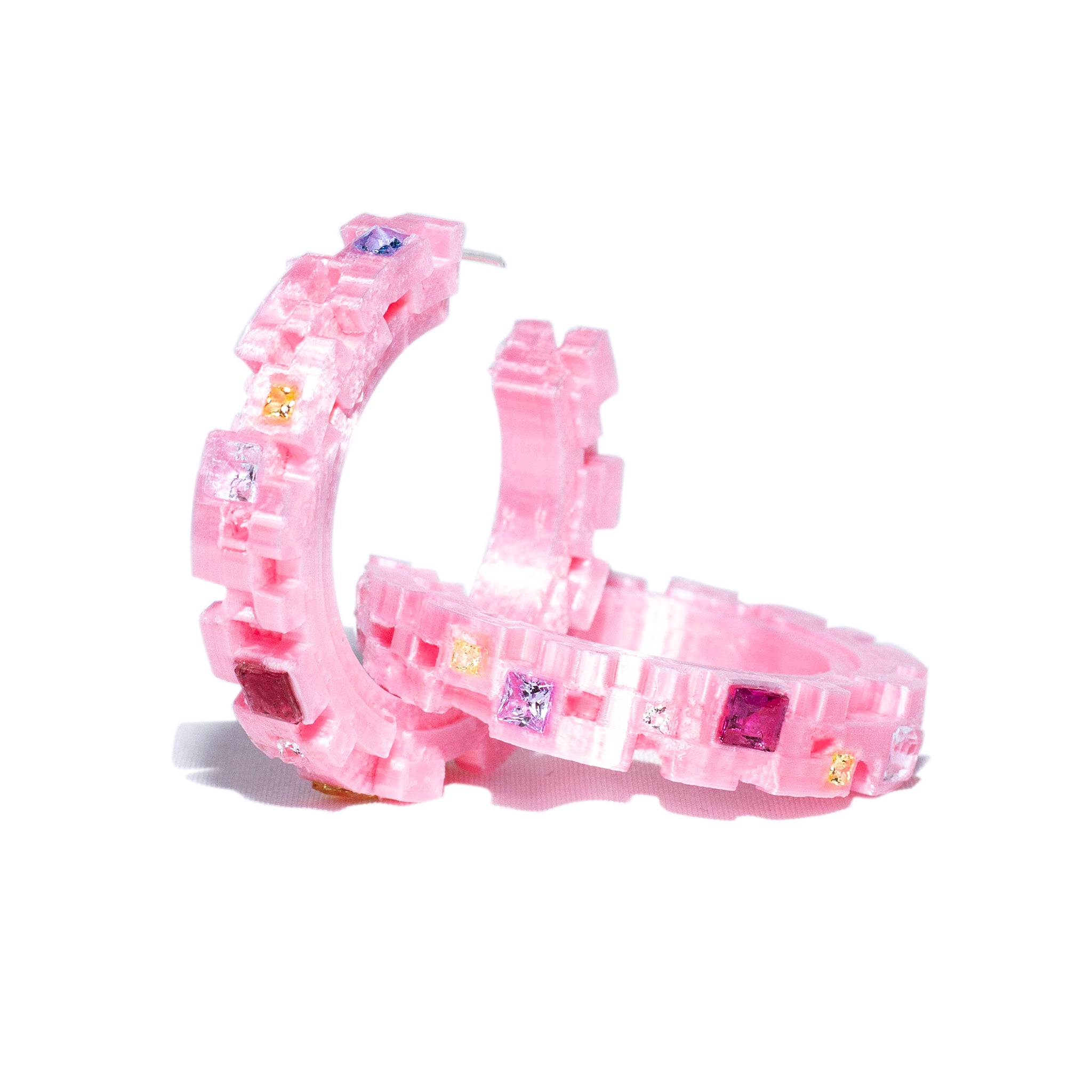 Printed Pink PLA & Gems Pixelation Hoop Earrings